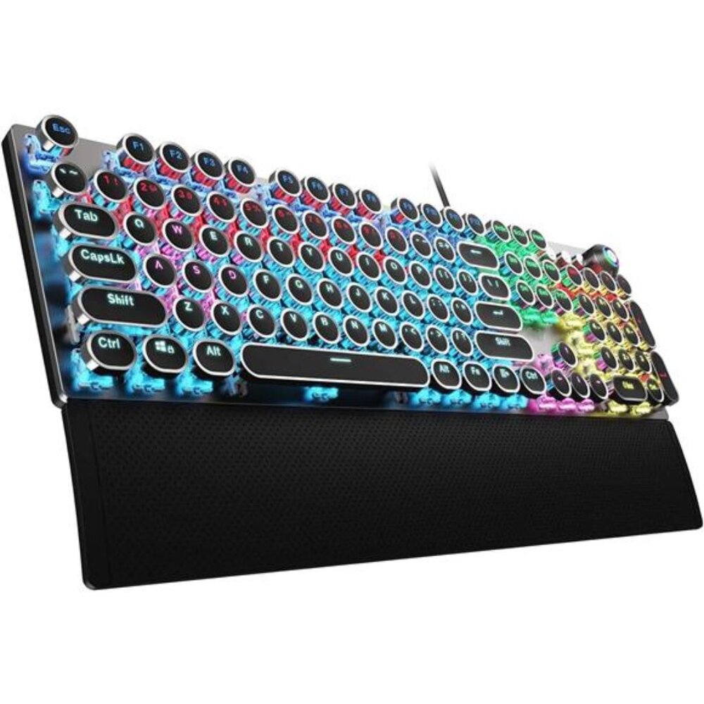 Typewriter Style Mechanical Gaming Keyboard Wired Blue LED Backlit Wrist Rest